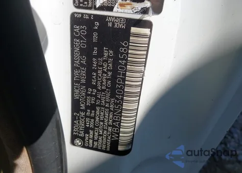 2003 BMW 330Ci из США, поврежденный, VIN WBABN53403PH04586